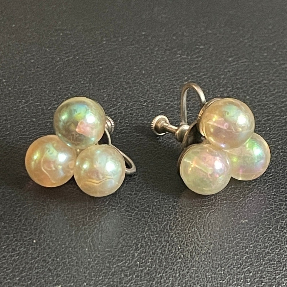 Vintage Sterling Silver Earrings Iridescent Aurora Borealis Screw Back Clip Ons‎
